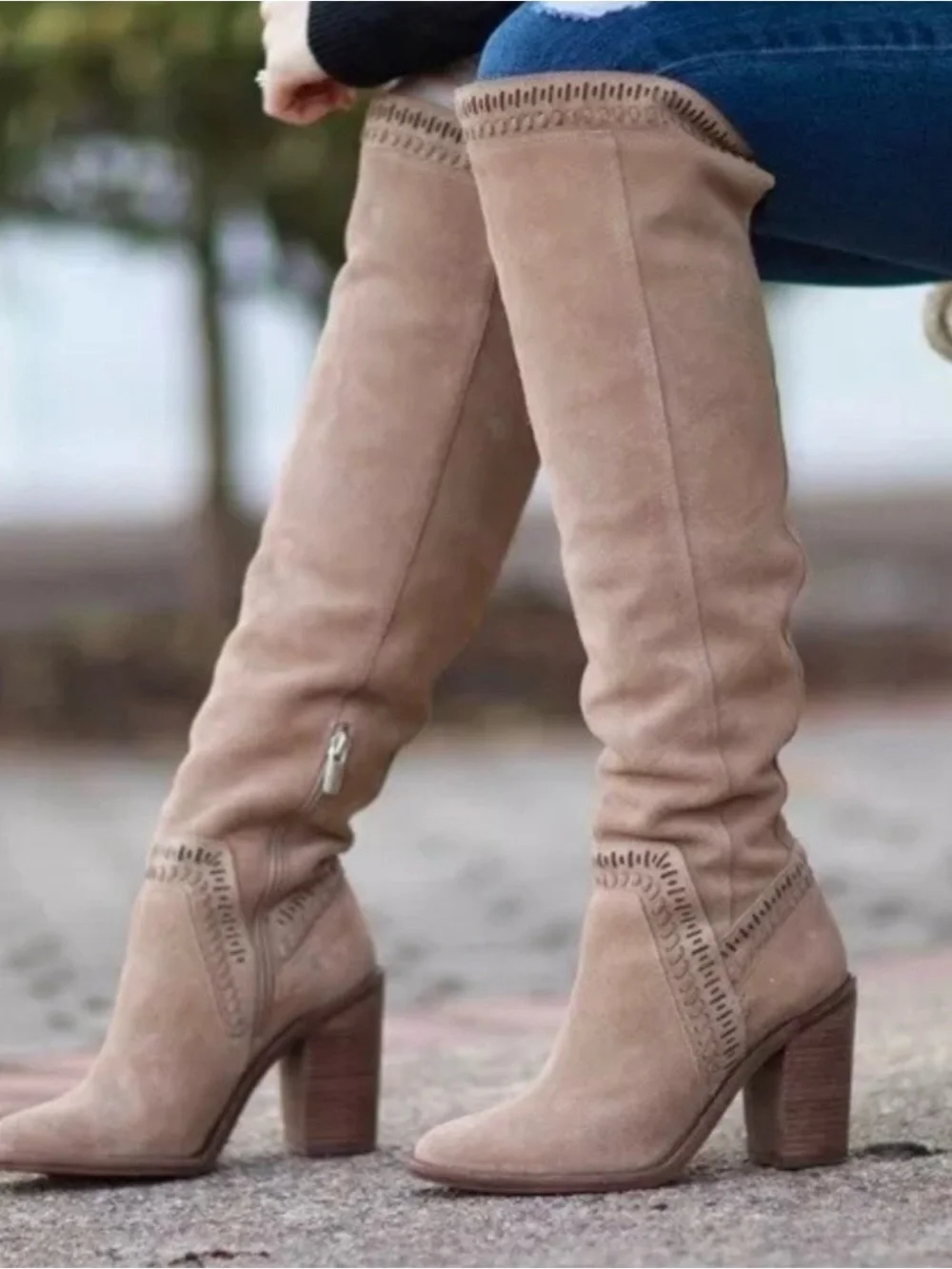 Vince Camuto Madolee Taupe Suede Over-the-Knee Block Heel Boots